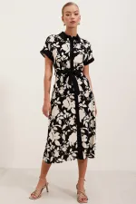 2455 Patterned Shirt Dress - Black