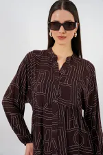 Women's Patterned Long Hijab Dress 2585 - Dark Brown