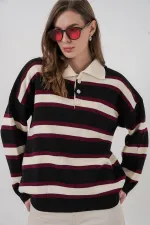 Women's Striped Polo Neck Knitwear Sweater 15952 - Black
