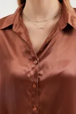 3964 Hafif Dökümlü Saten Gömlek - Taba