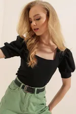 0409 Square Collar Knitted Blouse - Black 0409 Square Collar Knitted Blouse - Black