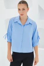 Women's Sleeve Detailed Blue Crop Shirt 20246
