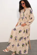 Women's Patterned Long Hijab Dress 2585 - Light Lilac Women's Patterned Long Hijab Dress 2585 - Light Lilac