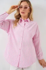 Kadın Çizgili Oversize Gömlek 20332 - Pudra