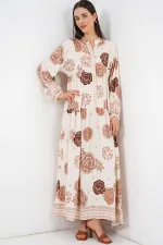 Kadın Desenli Uzun Tesettür Elbise 2585 - A.Bej