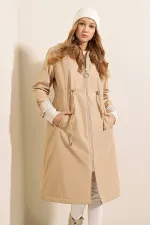 Trench-coat à capuche et cordon de serrage à la taille 9091 - Beige