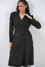 Kadın Kruvaze Yaka Trençkot 5978 - Siyah