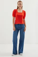0409 Square Neck Knitted Blouse - Oranje