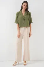 0706 Crop Keten Ceket - Haki