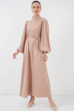 2510 Satin Hijab Evening Dress - Biscuit