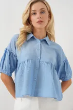 Kadın Kısa Kol Crop Gömlek 20335 - Mavi