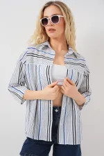 Kadın Çizgili Kısa Kol Gömlek 20344 - Lacivert