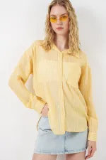 Kadın Tek Cepli Çizgili Oversize Gömlek 20375 - Sarı Kadın Tek Cepli Çizgili Oversize Gömlek 20375 - Sarı