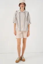 Women's Striped Short Sleeve Shirt 20345 - Beige