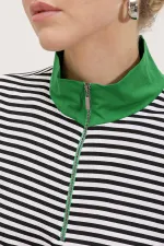 Women's Green Polo Collar Zippered Striped T-Shirt 0497