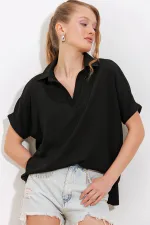 Chemisier en maille noir oversize à col polo pour femme 0486