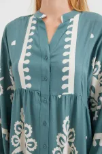 2423 Otantik Desenli Tesettür Elbise - F.Mint