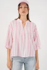 Kadın Çizgili Oversize Bluz 967 - Pudra