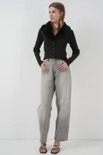 15922 Yakası Kürklü Triko Hırka - Siyah