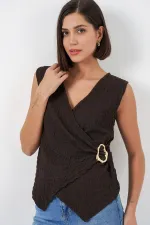 Kadın Sıfır Kol Örme Bluz 988 - Kahverengi