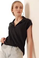 20123 Polo Collar Knitted Blouse - Black