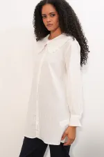 Women's Wide Collar Ruffle Detail Striped Tunic Shirt 5993 - White