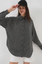 Kadın Çizgili Oversize Gömlek 20295 - Siyah