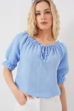 Kadın Yakası Fırfır Detaylı Bluz 959 - Mavi