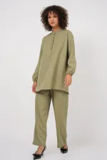 6678 Keten Tunik Pantolon İkili Takım - Çağla