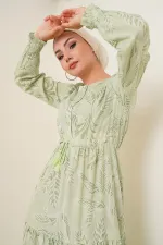 2145 Patterned Hijab Dress - Light Green 2145 Patterned Hijab Dress - Light Green
