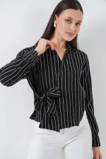 Women's Front Tie Striped Shirt 20362 - Black Women's Front Tie Striped Shirt 20362 - Black