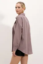 20153 Tek Cepli Oversize Keten Gömlek - Koyu Lila 20153 Tek Cepli Oversize Keten Gömlek - Koyu Lila