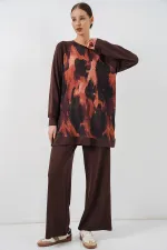 Kadın Desenli Oversize Tunik Pantolon İkili Takım 55462 - Kahverengi
