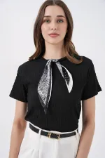 Kadın Kısa Kol Fularlı Örme Bluz 981 - Siyah
