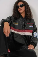 0698 Blouson aviateur en similicuir imprimé - Noir