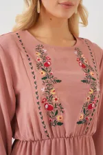 Kadın Nakışlı Uzun Tesettür Elbise 2550 - Pudra