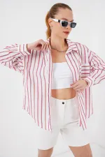 Kadın Çizgili Oversize Gömlek 20278 - Kırmızı