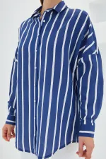 Kadın Lacivert Beyaz Çizgili Oversize Basic Gömlek 20254