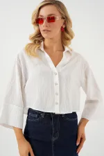 Kadın Çizgili Oversize Kısa Gömlek 20326 - Beyaz