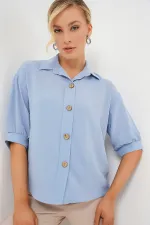 Kısa Kol Oversize Keten Gömlek 20240 - B.Mavi