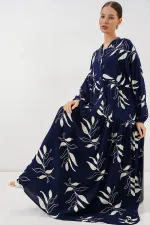 Kadın Desenli Uzun Tesettür Elbise 2585 - D.Lacivert