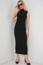 Robe drapée plissée à manches zéro pour femme 2579 - Noir