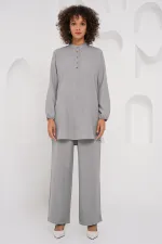 6678 Linen Tunic Trousers Two Piece Suit - Gray