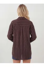 Kadın Çizgili Oversize Gömlek 20293 - Kahverengi