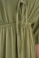 2570 Kadın Beli Büzgülü V Yaka Elbise - Çağla