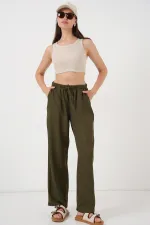 Women's Wide Leg Linen Trousers 6735 - Khaki