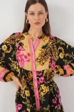 Kadın Desenli Uzun Tesettür Elbise 2585 - B.Sarı