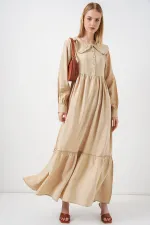 Kadın Bebe Yaka Uzun Tesettür Elbise 2592 - Bej