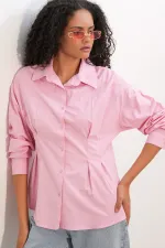 Kadın Belden Oturtmalı Poplin Gömlek 20384 - Pembe