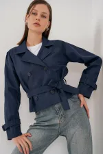 Women's Belted Short Trench Coat 5970 - Navy Blue